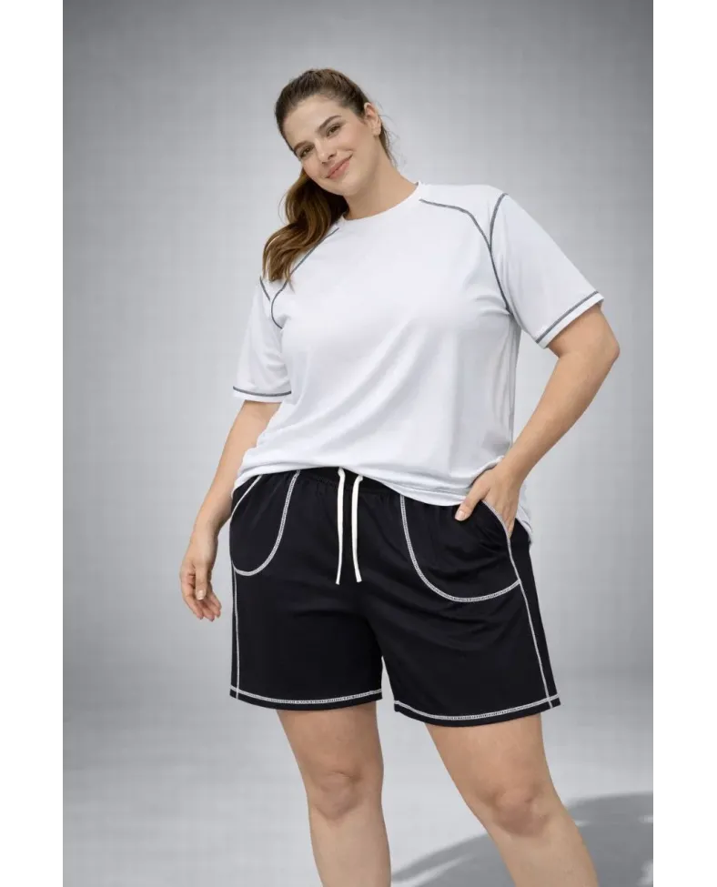 Kadın Battal Beden Kısa Kollu Tişört Şort Takım Kontrast Dikiş Detaylı Günlük Ev Giyimi - Beyaz