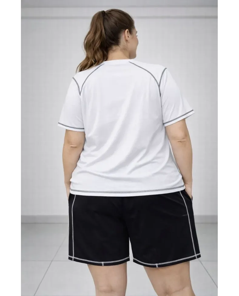 Kadın Battal Beden Kısa Kollu Tişört Şort Takım Kontrast Dikiş Detaylı Günlük Ev Giyimi - Beyaz