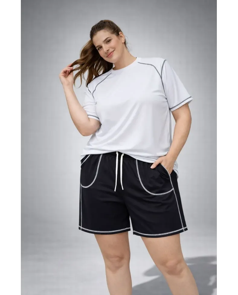 Kadın Battal Beden Kısa Kollu Tişört Şort Takım Kontrast Dikiş Detaylı Günlük Ev Giyimi - Beyaz