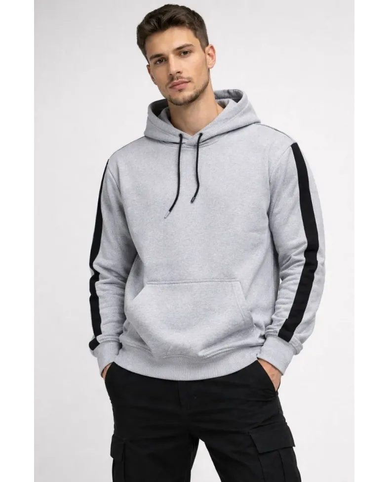 Erkek Şeritli Kapüşonlu Sweatshirt Oversize 3 iplik Pamuklu - Beyaz