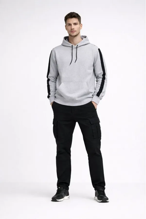 Erkek Şeritli Kapüşonlu Sweatshirt Oversize 3 iplik Pamuklu - Beyaz