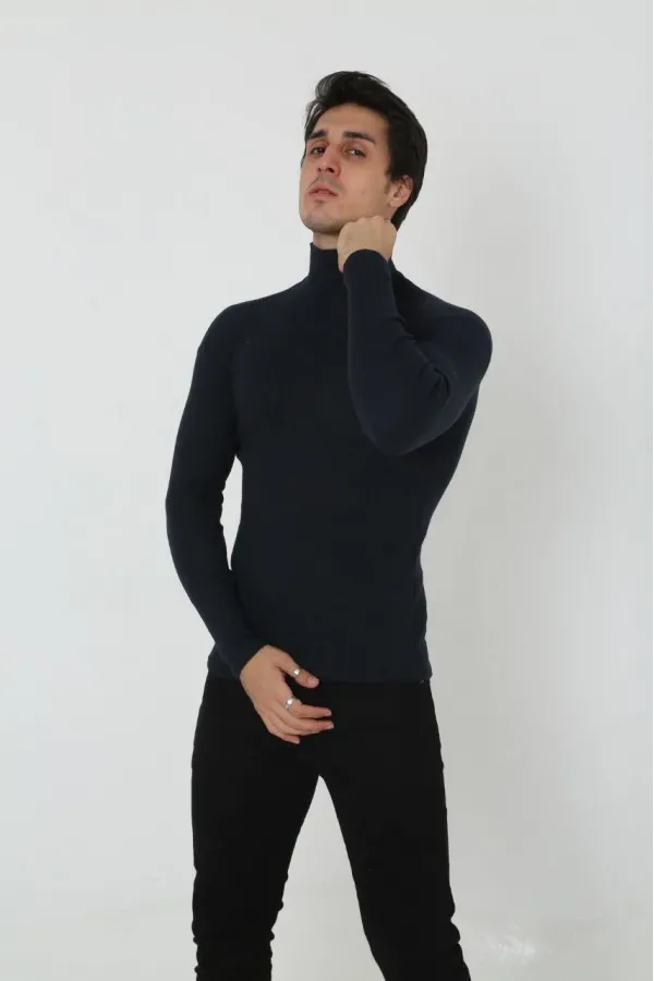 Erkek Kaşkorse Boğazlı Full Likralı Fitilli Body Kazak - Siyah