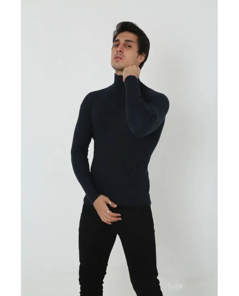 Erkek Kaşkorse Boğazlı Full Likralı Fitilli Body Kazak - Siyah