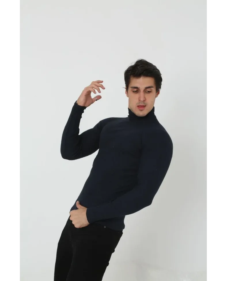 Erkek Kaşkorse Boğazlı Full Likralı Fitilli Body Kazak - Siyah