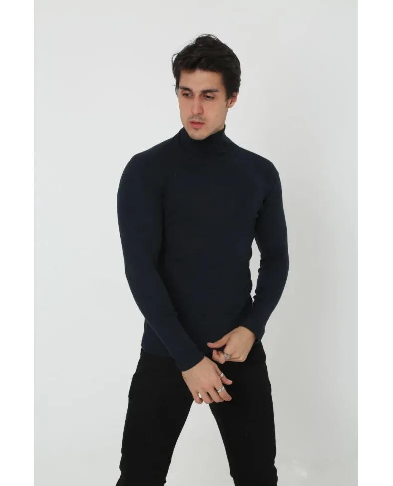 Erkek Kaşkorse Boğazlı Full Likralı Fitilli Body Kazak - Siyah