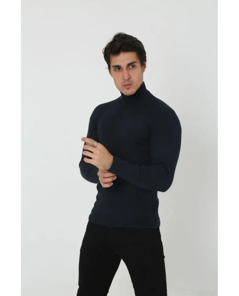 Erkek Kaşkorse Boğazlı Full Likralı Fitilli Body Kazak - Siyah