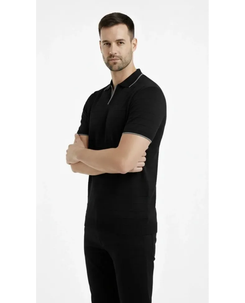Erkek Kısa kol Fitilli Triko Polo Yaka Düğmesiz T-shirt 2'li Set Beyaz-Siyah