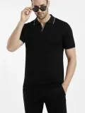 Erkek Kısa kol Fitilli Triko Polo Yaka Düğmesiz T-shirt 2'li Set Beyaz-Siyah