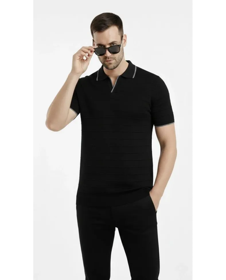 Erkek Kısa kol Fitilli Triko Polo Yaka Düğmesiz T-shirt 2'li Set Beyaz-Siyah