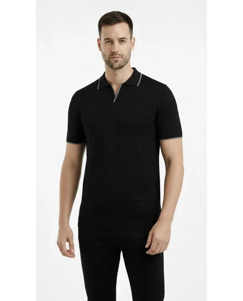 Erkek Kısa kol Fitilli Triko Polo Yaka Düğmesiz T-shirt 2'li Set Beyaz-Siyah