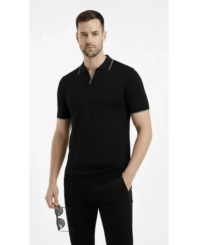 Erkek Kısa kol Fitilli Triko Polo Yaka Düğmesiz T-shirt 2'li Set Beyaz-Siyah