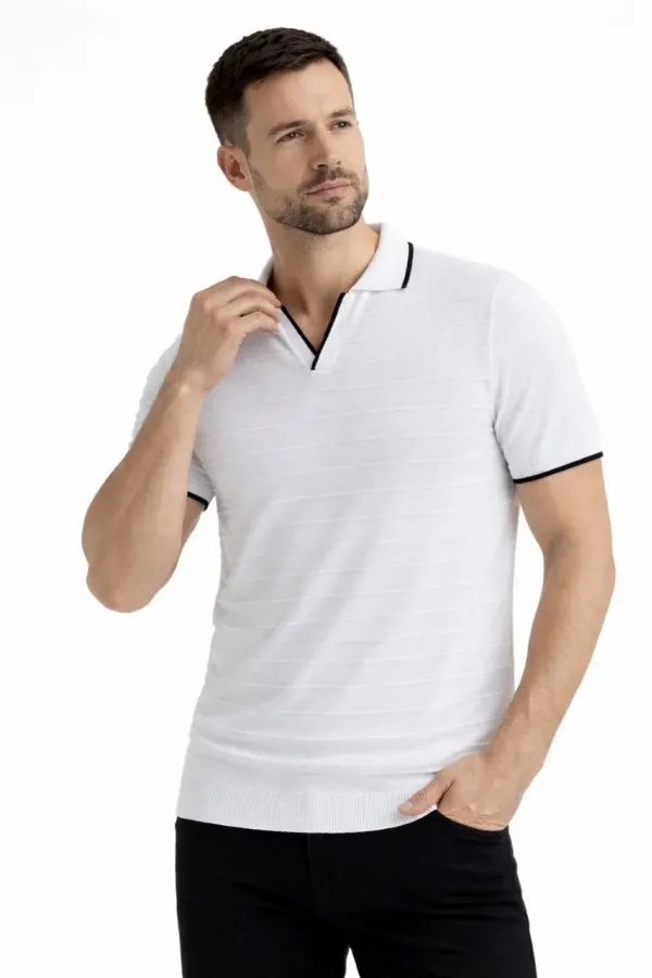 Erkek 2’li Paket Triko Yakalı Düğmesiz Açık Yaka Fitilli Kısa Kollu - Beyaz & Mint Yeşili