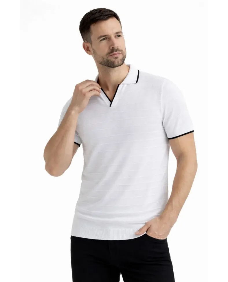 Erkek Kısa kol Fitilli Triko Polo Yaka Düğmesiz T-shirt 2'li Set Beyaz-Mint Yeşili