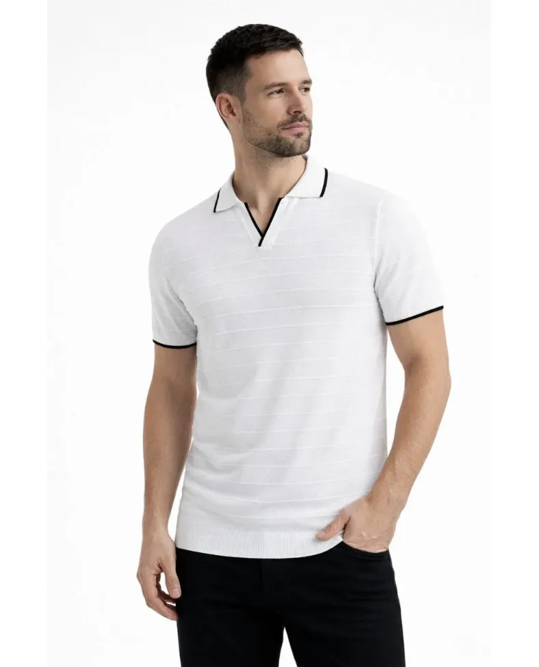 Erkek Kısa kol Fitilli Triko Polo Yaka Düğmesiz T-shirt 2'li Set Beyaz-Mint Yeşili