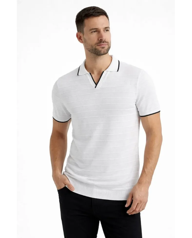 Erkek Kısa kol Fitilli Triko Polo Yaka Düğmesiz T-shirt 2'li Set Beyaz-Mint Yeşili