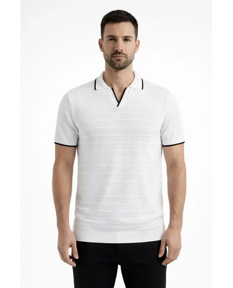 Erkek Kısa kol Fitilli Triko Polo Yaka Düğmesiz T-shirt 2'li Set Beyaz-Mint Yeşili