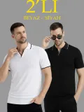 Erkek Kısa kol Fitilli Triko Polo Yaka Düğmesiz T-shirt 2'li Set Beyaz-Siyah