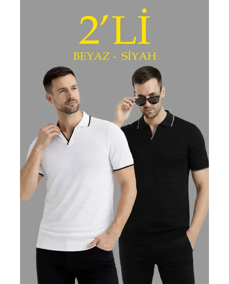 Erkek Kısa kol Fitilli Triko Polo Yaka Düğmesiz T-shirt 2'li Set Beyaz-Siyah