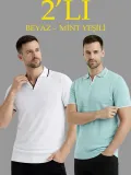 Erkek Kısa kol Fitilli Triko Polo Yaka Düğmesiz T-shirt 2'li Set Beyaz-Mint Yeşili