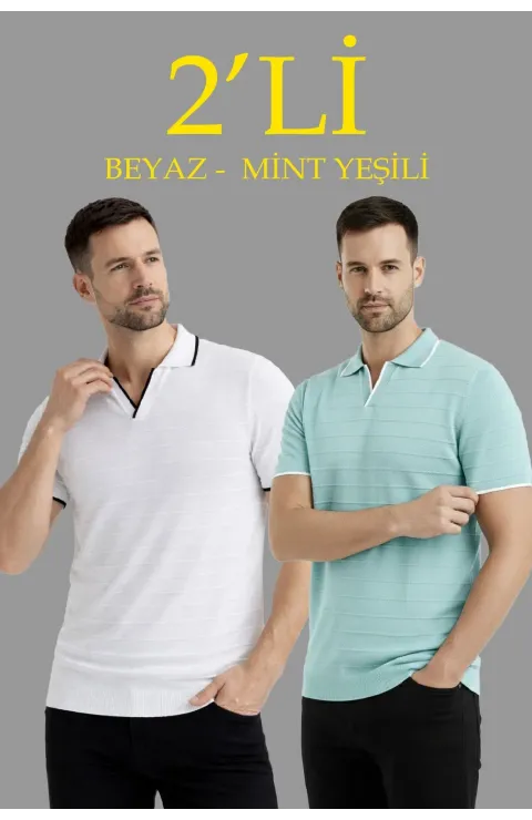 Erkek 2’li Paket Triko Yakalı Düğmesiz Açık Yaka Fitilli Kısa Kollu Regular Fit Tişört - Beyaz & Mint Yeşili