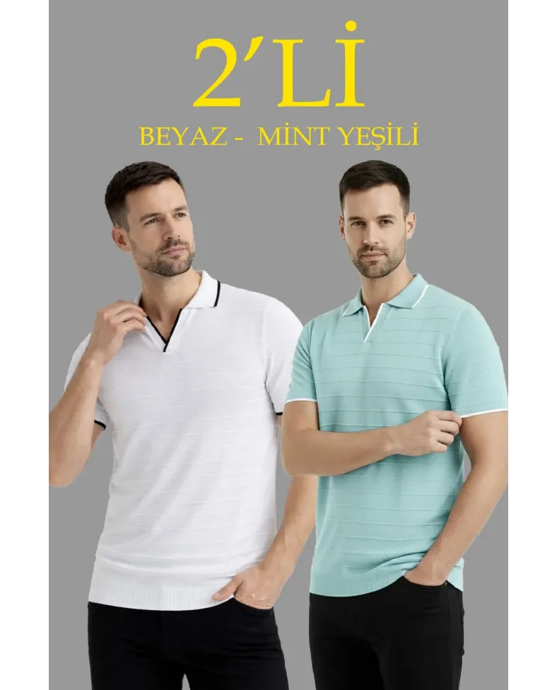 Erkek Kısa kol Fitilli Triko Polo Yaka Düğmesiz T-shirt 2'li Set Beyaz-Mint Yeşili