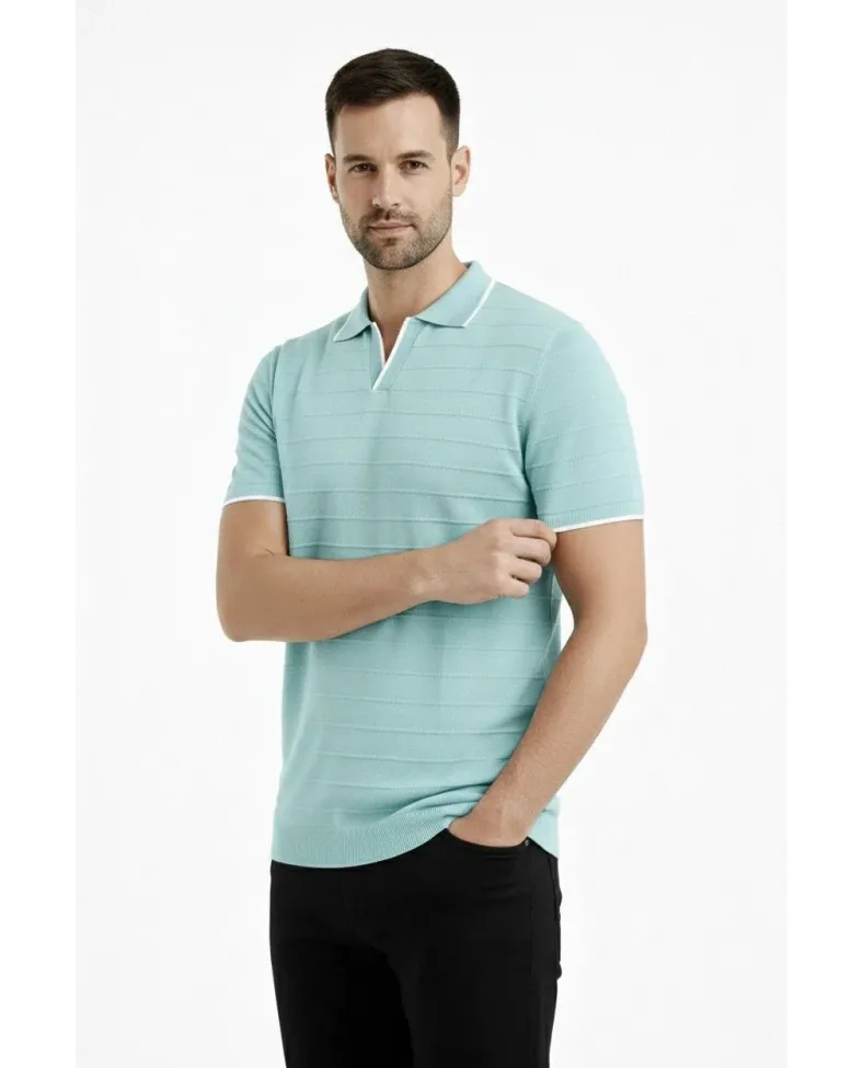 Erkek Kısa kol Fitilli Triko Polo Yaka Düğmesiz T-shirt 2'li Set Beyaz-Mint Yeşili