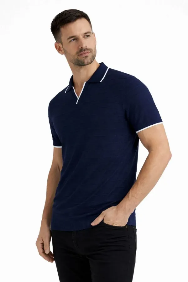 Erkek Kısa kol Fitilli Triko Polo Yaka Düğmesiz T-shirt 2'li Set Lacivert-Bej