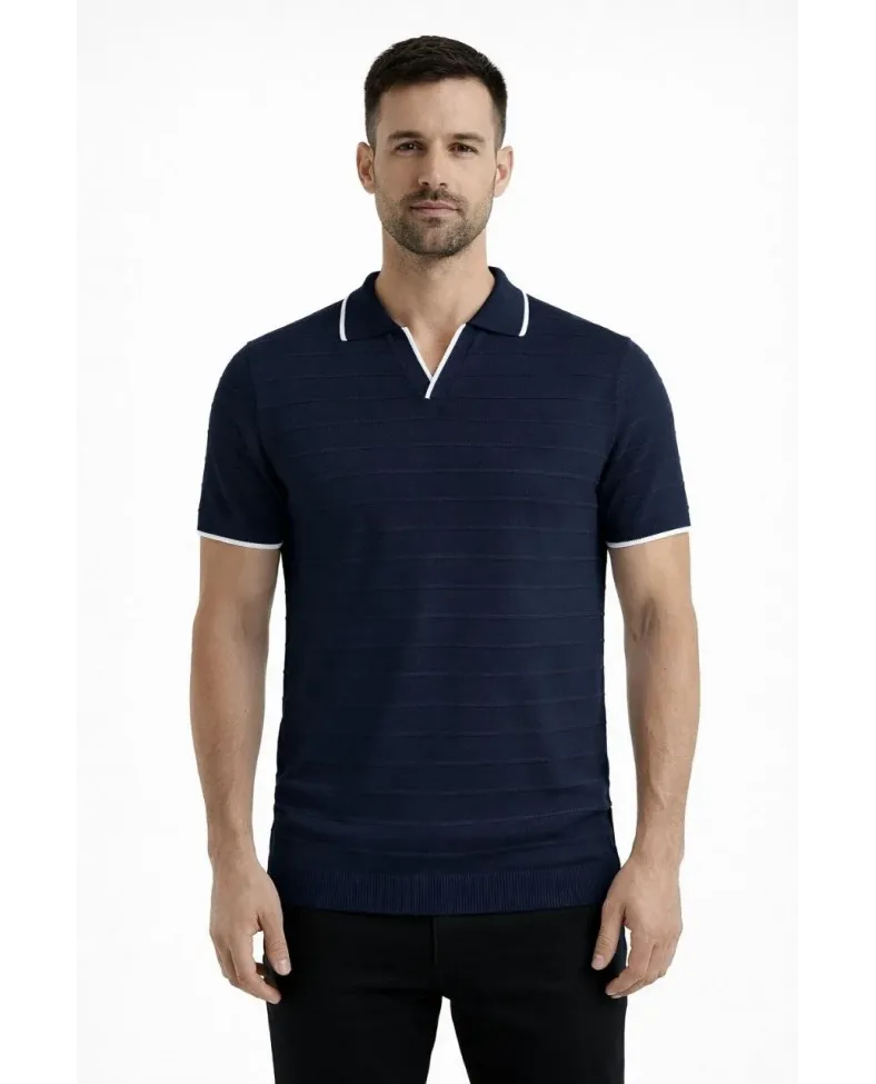 Erkek Kısa kol Fitilli Triko Polo Yaka Düğmesiz T-shirt 2li Set Lacivert-Bej Somersan Giyim | Kadın, Erkek ve Çocuk Moda