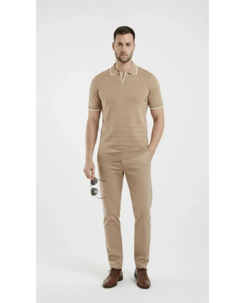 Erkek Kısa kol Fitilli Triko Polo Yaka Düğmesiz T-shirt 2li Set Lacivert-Bej Somersan Giyim | Kadın, Erkek ve Çocuk Moda