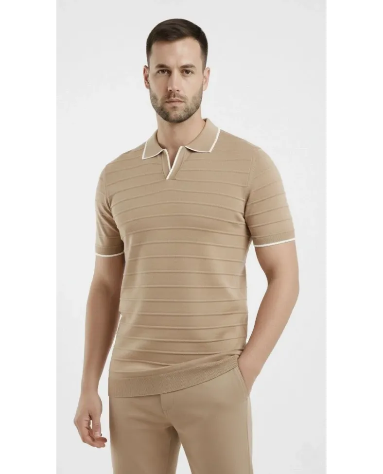 Erkek Kısa kol Fitilli Triko Polo Yaka Düğmesiz T-shirt 2li Set Lacivert-Bej Somersan Giyim | Kadın, Erkek ve Çocuk Moda