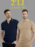 Erkek Kısa kol Fitilli Triko Polo Yaka Düğmesiz T-shirt 2li Set Lacivert-Bej Somersan Giyim | Kadın, Erkek ve Çocuk Moda