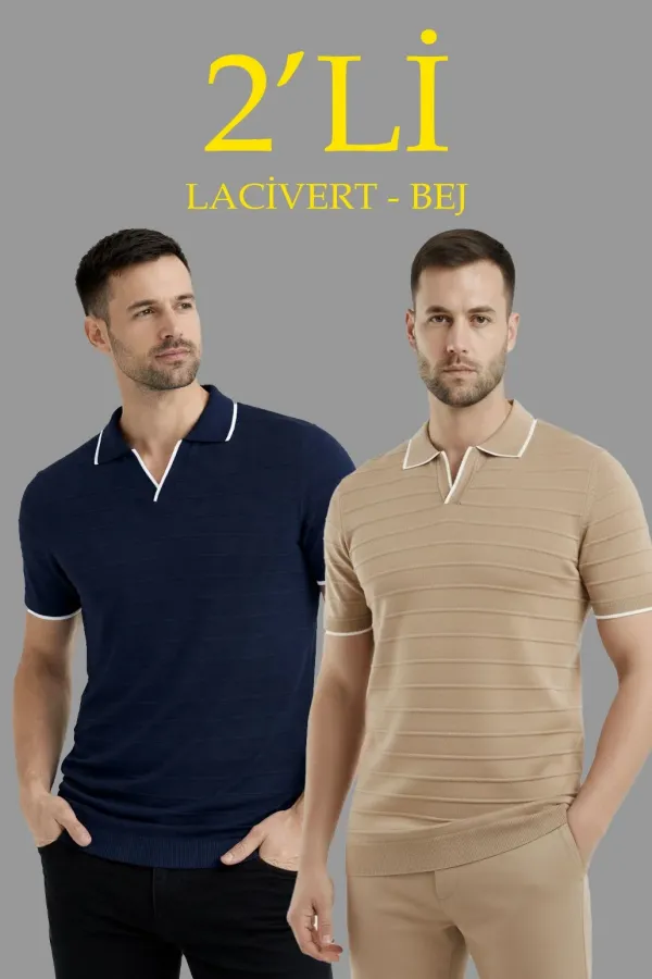 Erkek Kısa kol Fitilli Triko Polo Yaka Düğmesiz T-shirt 2'li Set Lacivert-Bej