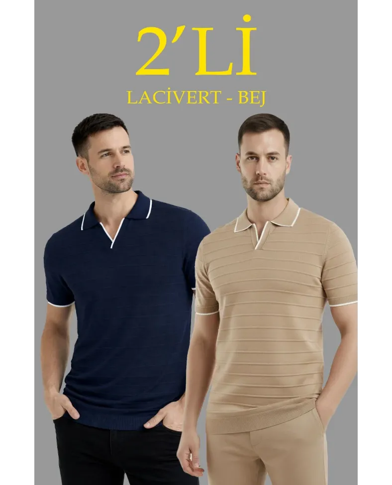 Erkek Kısa kol Fitilli Triko Polo Yaka Düğmesiz T-shirt 2li Set Lacivert-Bej Somersan Giyim | Kadın, Erkek ve Çocuk Moda