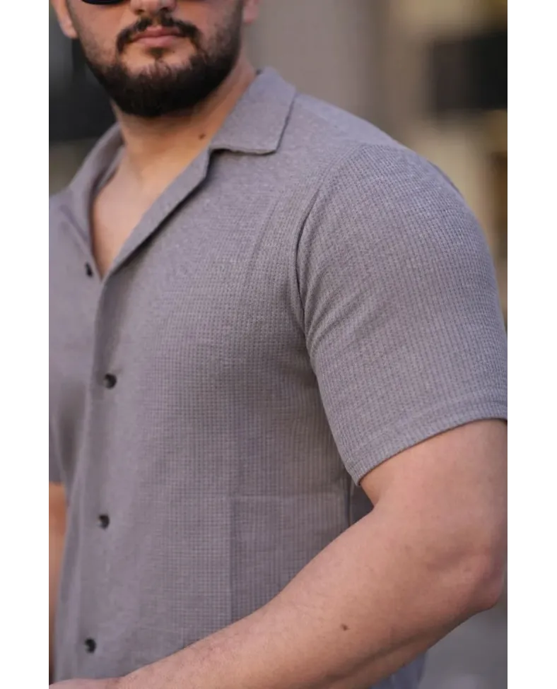 Erkek Waffle Dokuma Açık Yakalı Düğmeli Regular Kalıp 2’li Gömlek Seti - Beyaz & Gri