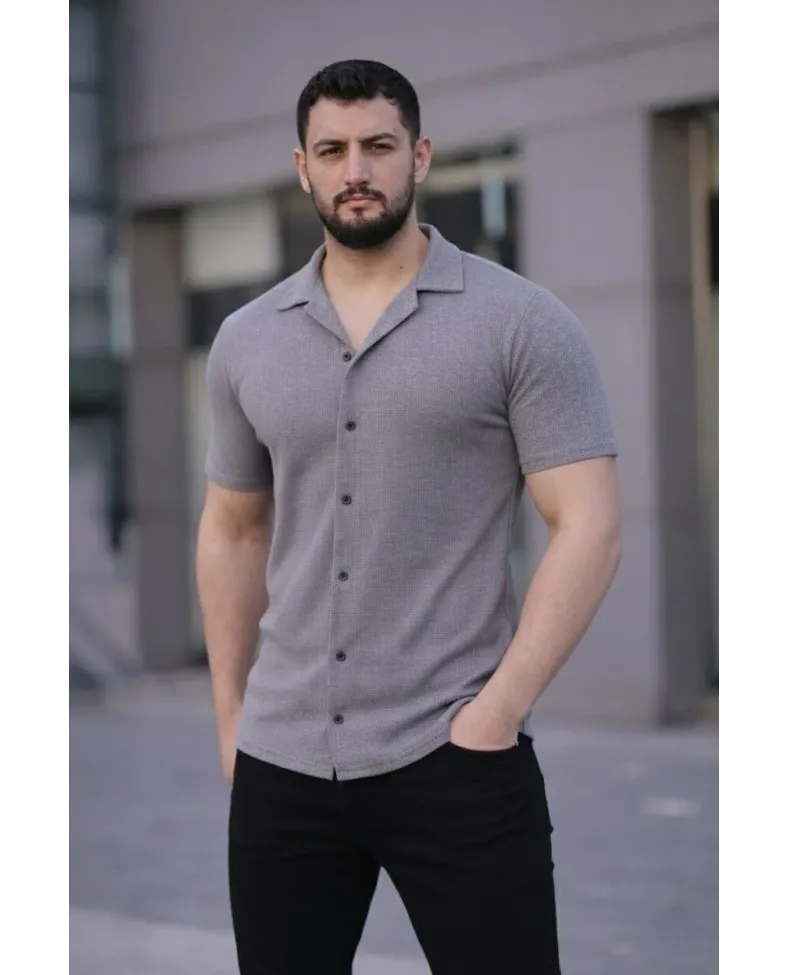 Erkek Waffle Dokuma Açık Yakalı Düğmeli Regular Kalıp 2’li Gömlek Seti - Beyaz & Gri