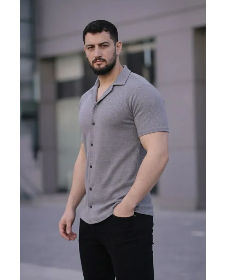 Erkek Waffle Dokuma Açık Yakalı Düğmeli Regular Kalıp 2’li Gömlek Seti - Beyaz & Gri