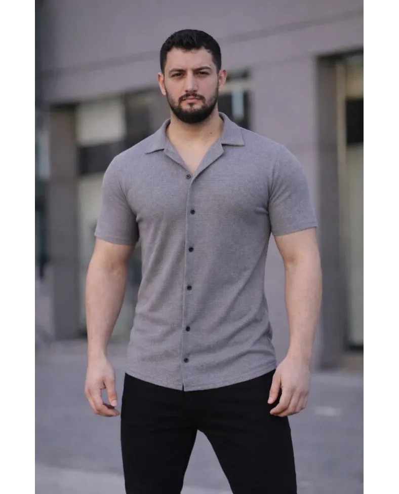 Erkek Waffle Dokuma Açık Yakalı Düğmeli Regular Kalıp 2’li Gömlek Seti - Beyaz & Gri