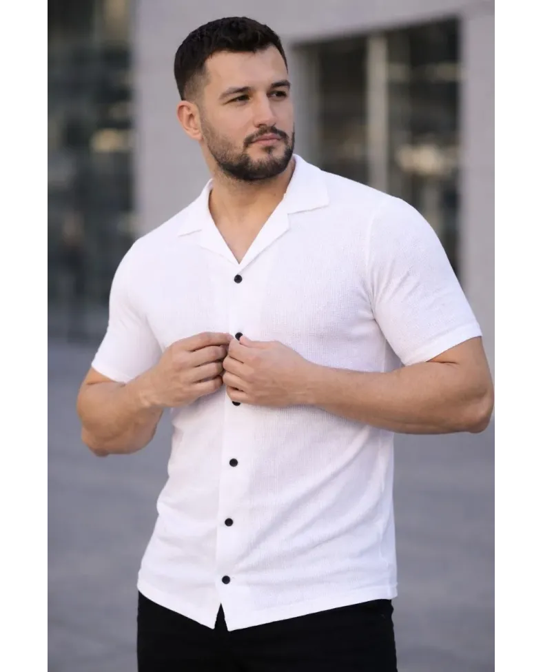 Erkek Waffle Dokuma Açık Yakalı Düğmeli Regular Kalıp 2’li Gömlek Seti - Beyaz & Gri