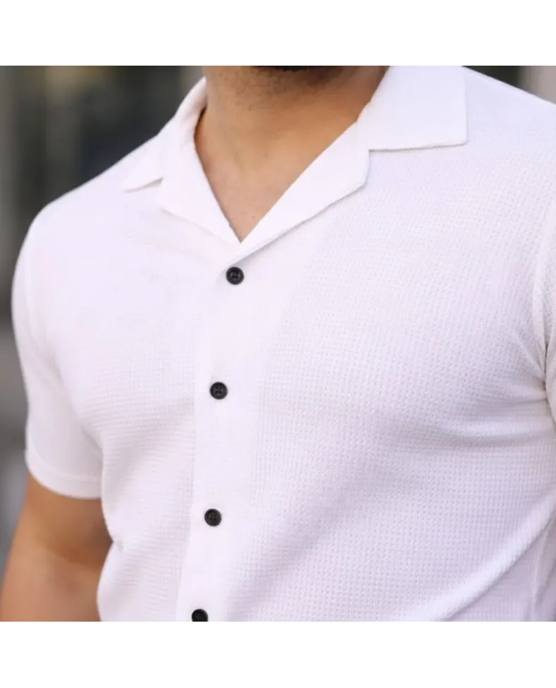 Erkek Waffle Dokuma Açık Yakalı Düğmeli Regular Kalıp 2’li Gömlek Seti - Beyaz & Gri