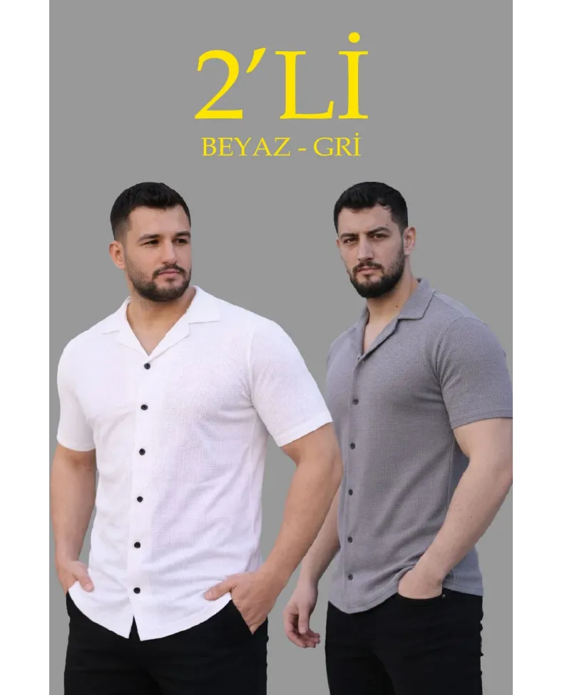 Erkek Waffle Dokuma Açık Yakalı Düğmeli Regular Kalıp 2’li Gömlek Seti - Beyaz & Gri