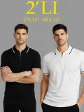 Erkek Triko Tişört Fermuarlı Polo Yaka Yazlık Kısa Kol T-Shirt 2’li Set Beyaz-Siyah