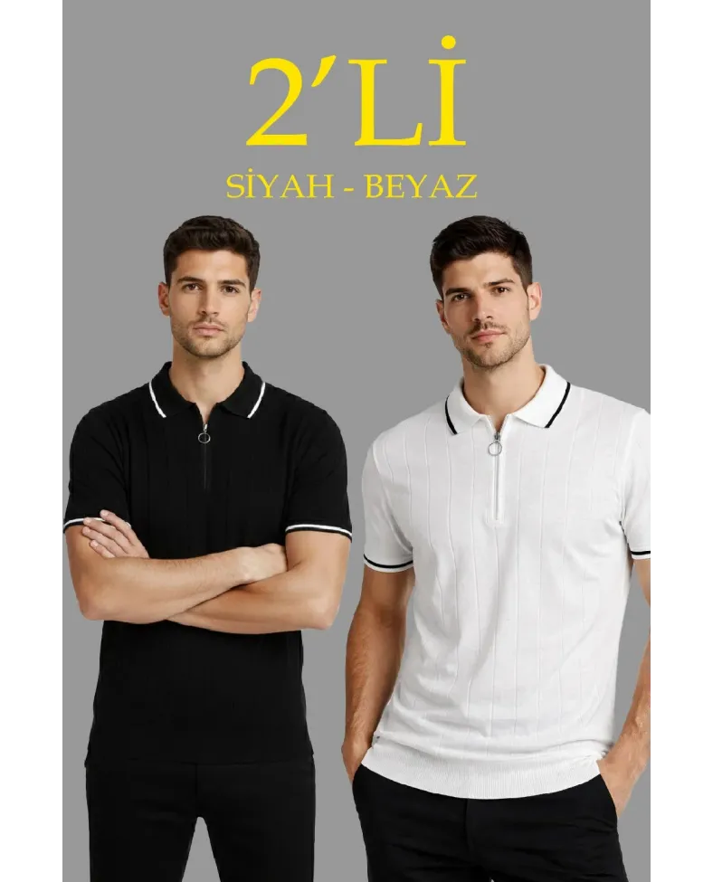Erkek Triko Tişört Fermuarlı Polo Yaka Yazlık Kısa Kol T-Shirt 2’li Set Beyaz-Siyah