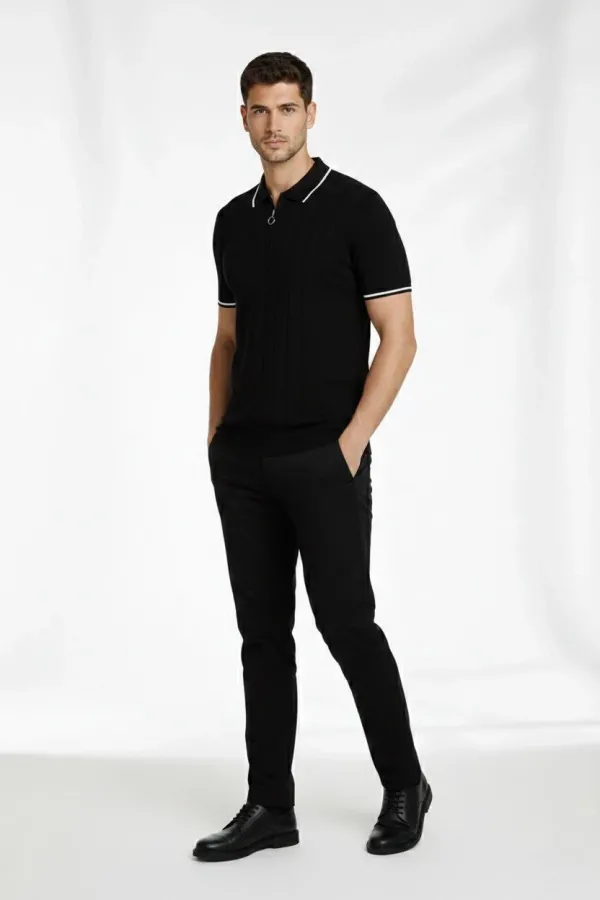 Erkek Triko Tişört Fermuarlı Polo Yaka Yazlık Kısa Kol T-Shirt 2’li Set Beyaz-Siyah