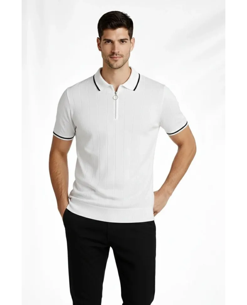 Erkek Triko Tişört Fermuarlı Polo Yaka Yazlık Kısa Kol T-Shirt 2’li Set Beyaz-Siyah
