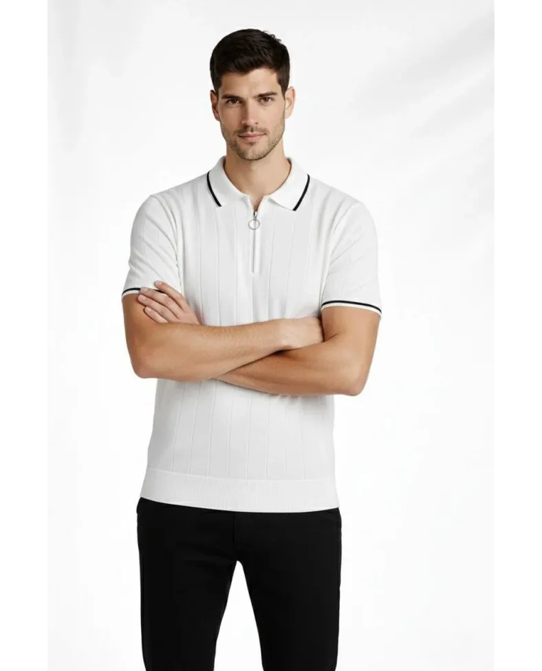 Erkek Triko Tişört Fermuarlı Polo Yaka Yazlık Kısa Kol T-Shirt 2’li Set Beyaz-Siyah