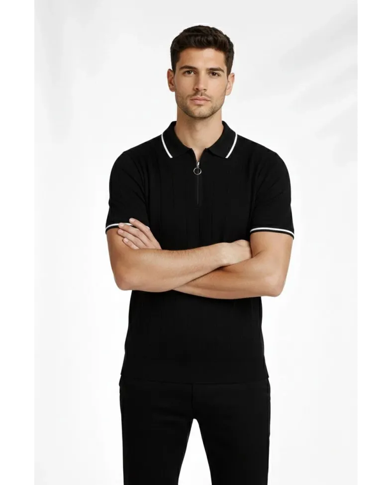 Erkek Triko Tişört Fermuarlı Polo Yaka Yazlık Kısa Kol T-Shirt 2’li Set Beyaz-Siyah
