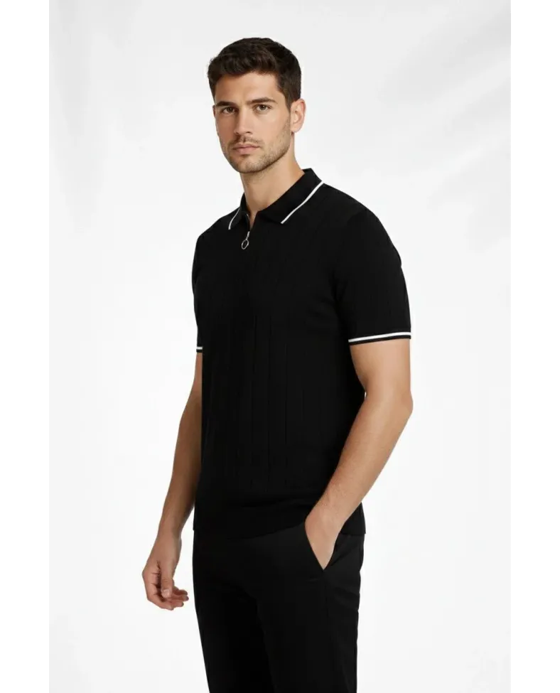 Erkek Triko Tişört Fermuarlı Polo Yaka Yazlık Kısa Kol T-Shirt 2’li Set Beyaz-Siyah