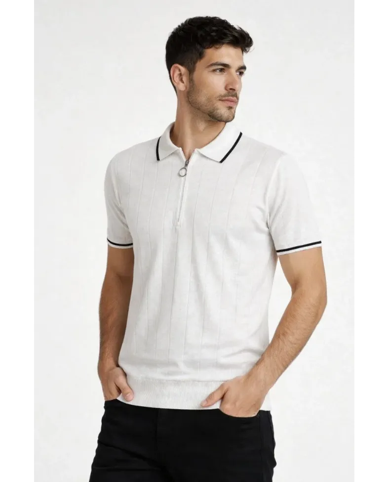 Erkek Triko Tişört Fermuarlı Polo Yaka Yazlık Kısa Kol T-Shirt 2’li Set Beyaz-Siyah