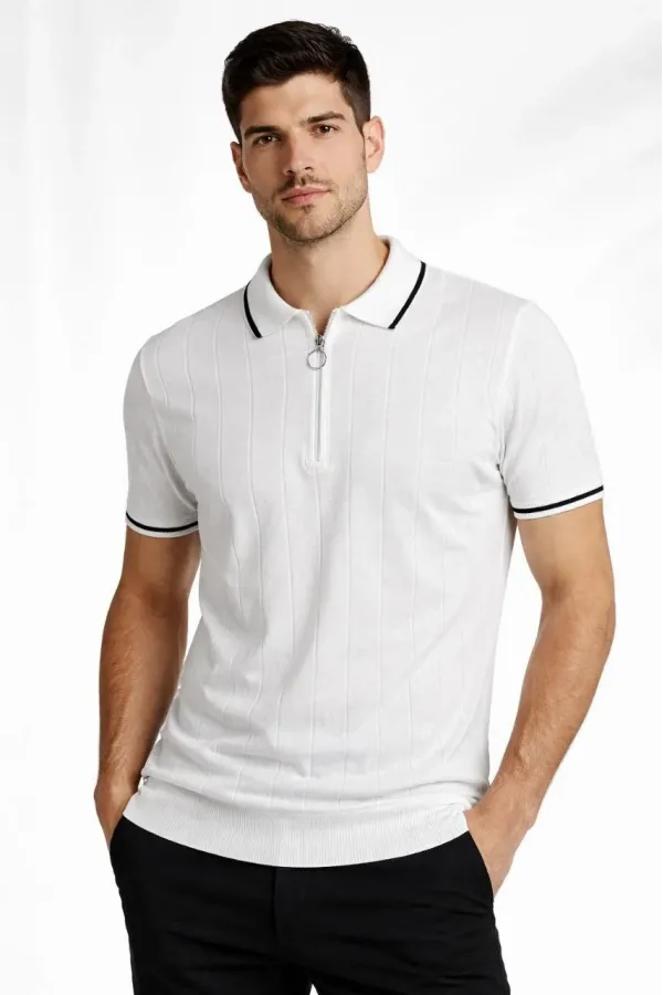 Erkek Triko Tişört Fermuarlı Polo Yaka Kısa Kol T-Shirt 3’lü Set Beyaz-Haki-Siyah
