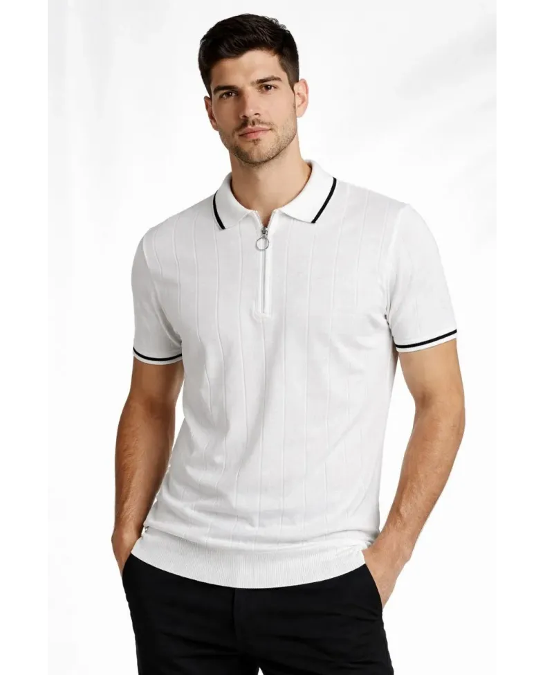 Erkek Triko Tişört Fermuarlı Polo Yaka Kısa Kol T-Shirt 3’lü Set Beyaz-Haki-Siyah